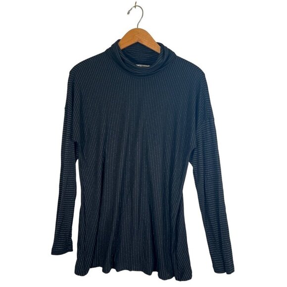 Michael Stars Women Size M Black Top Silver Stripe High Neck Turtleneck Stretchy - Picture 1 of 14